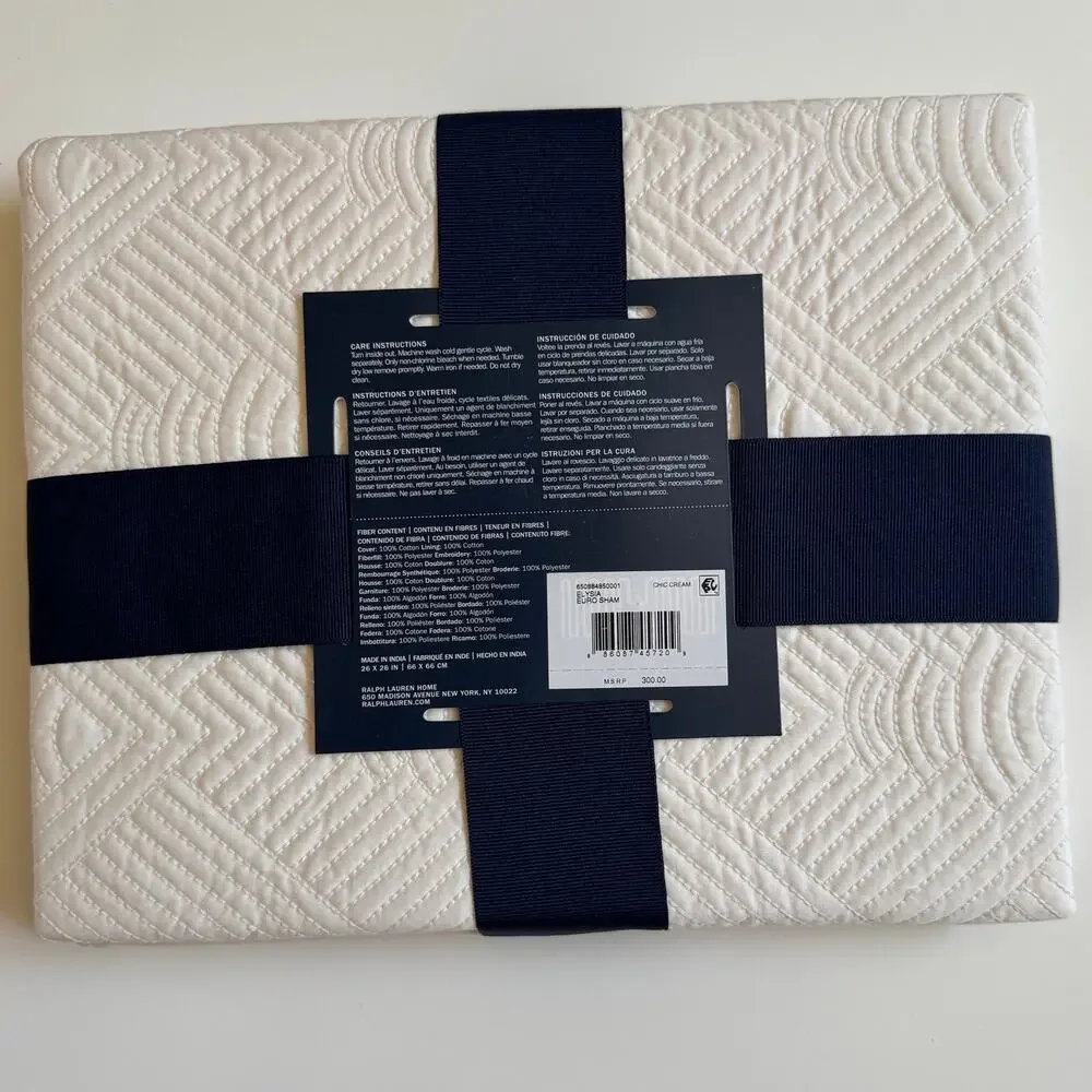 NWT Ralph Lauren Euro Pillow Sham Park Row Elysia Quilted Chic Cream Art Deco